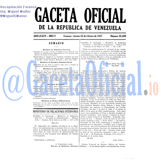 Gaceta Oficial 25289 del 22 Febrero 1957