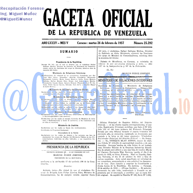 Gaceta Oficial 25292 del 26 Febrero 1957