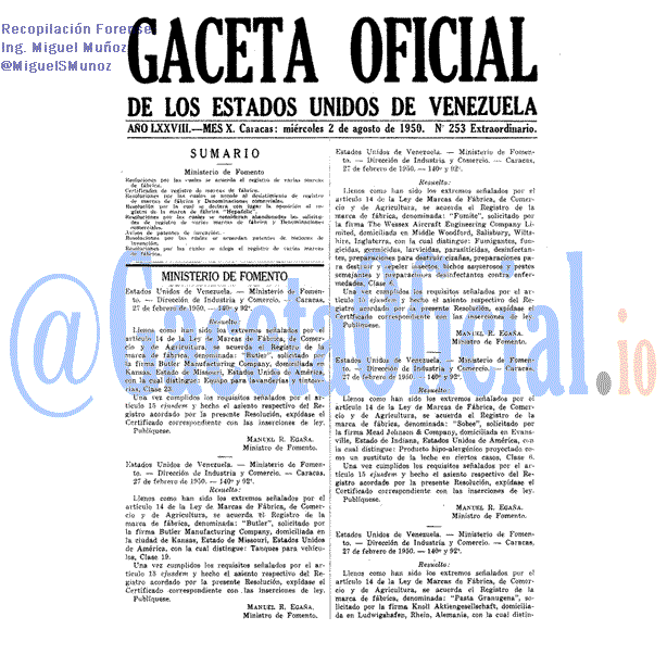 Gaceta Oficial 253 del 2 Agosto 1950