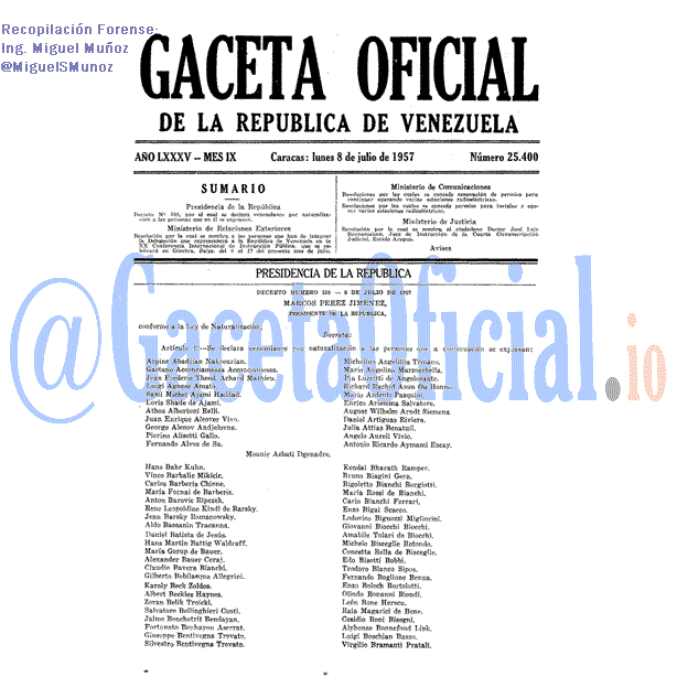 Gaceta Oficial 25400 del 8 Julio 1957