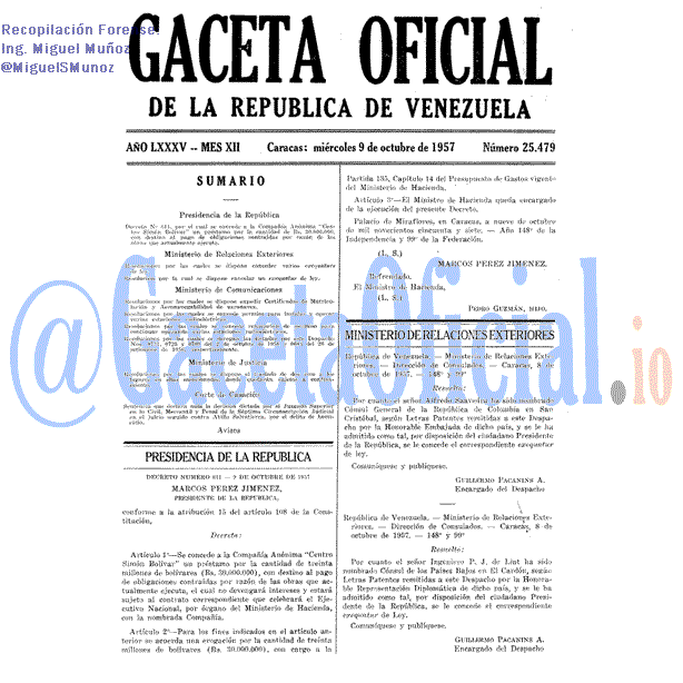 Gaceta Oficial 25479 del 9 Octubre 1957