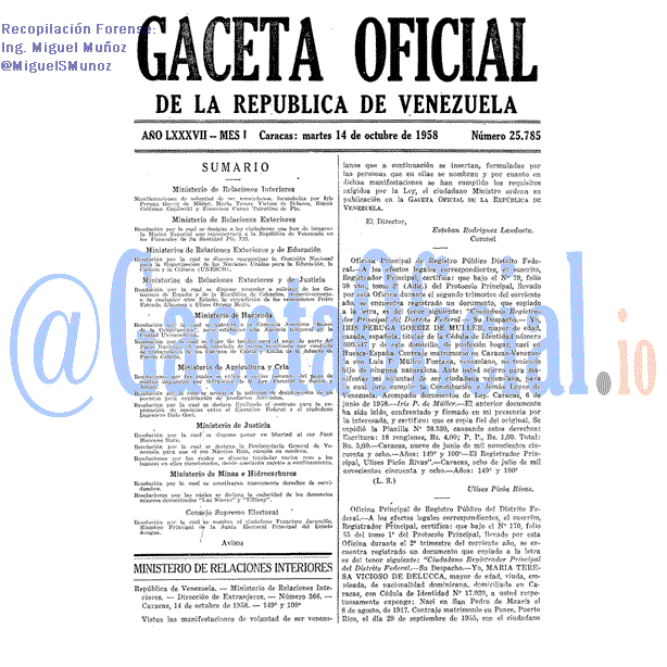 Gaceta Oficial 25785 del 14 Octubre 1958