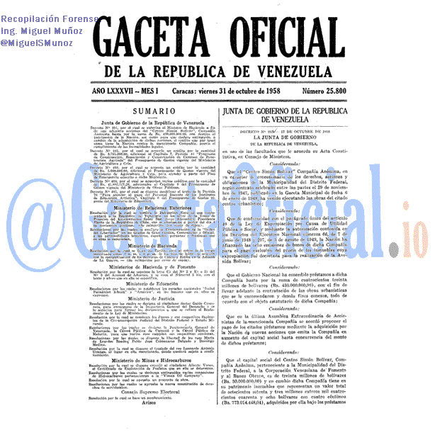 Gaceta Oficial 25800 del 31 Octubre 1958