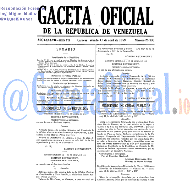 Gaceta Oficial 25933 del 11 Abril 1959