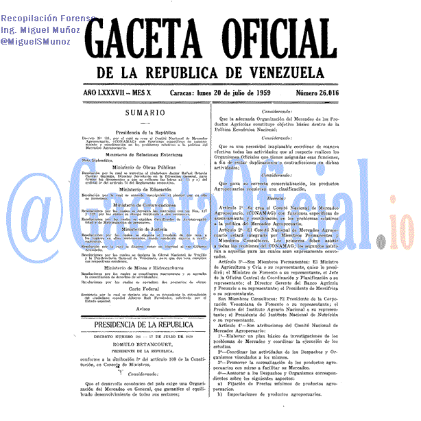Gaceta Oficial 26016 del 20 Julio 1959