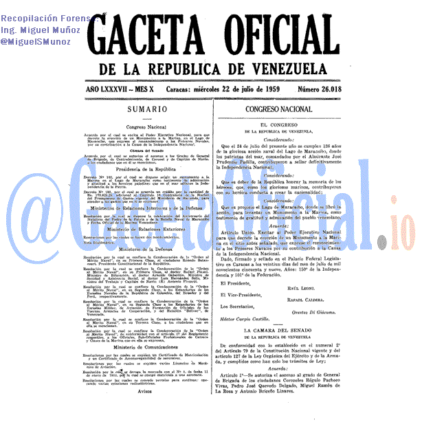 Gaceta Oficial 26018 del 22 Julio 1959