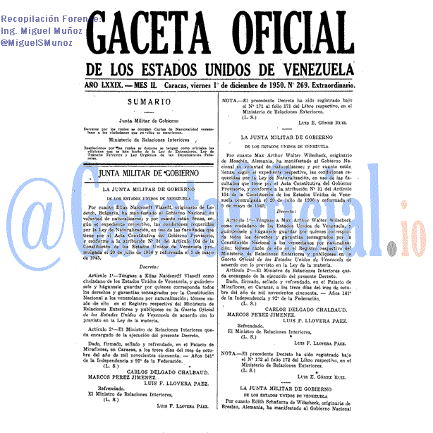 Gaceta Oficial 269 del 1 Diciembre 1950