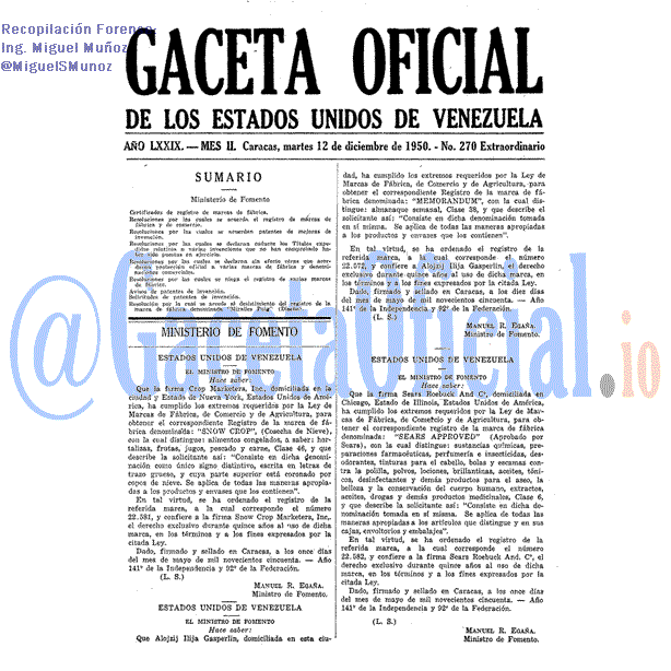 Gaceta Oficial 270 del 12 Diciembre 1950