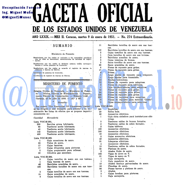 Gaceta Oficial 274 del 9 Enero 1951