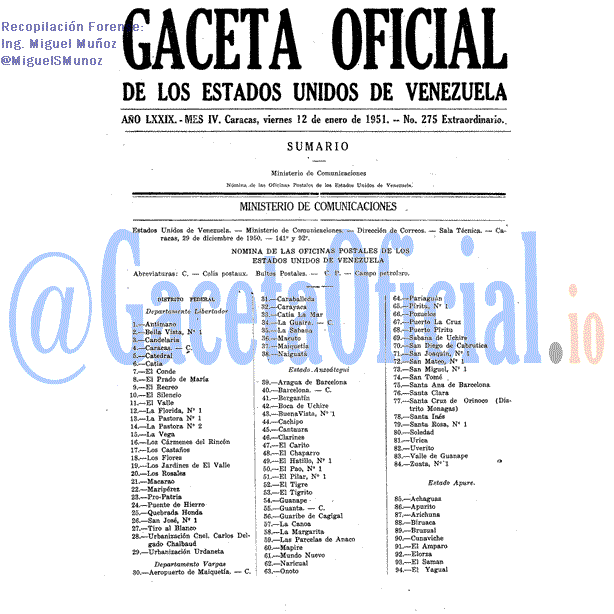 Gaceta Oficial 275 del 12 Enero 1951