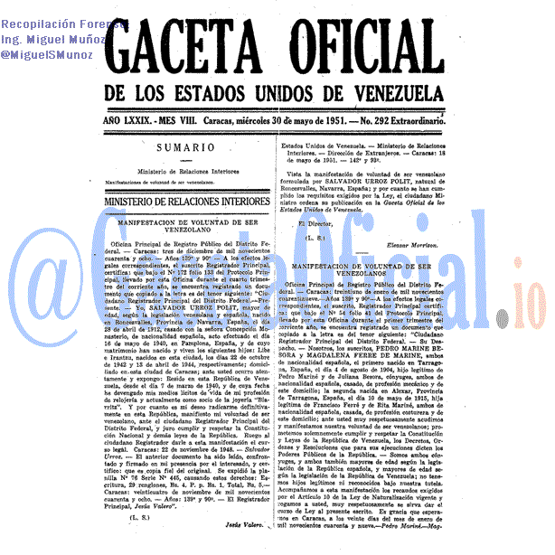 Gaceta Oficial 292 del 30 Mayo 1951