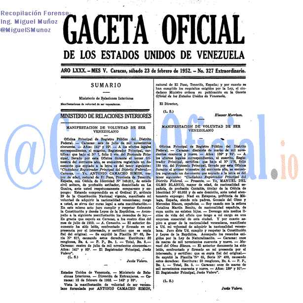 Gaceta Oficial 327 del 23 Febrero 1952