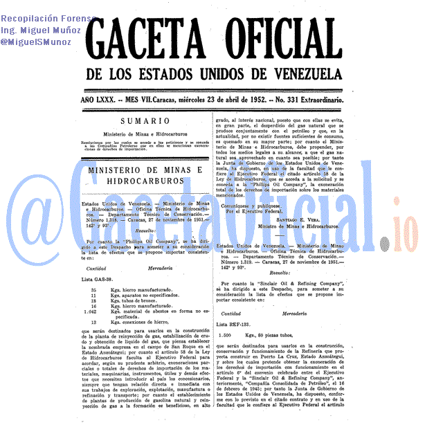 Gaceta Oficial 331 del 23 Abril 1952