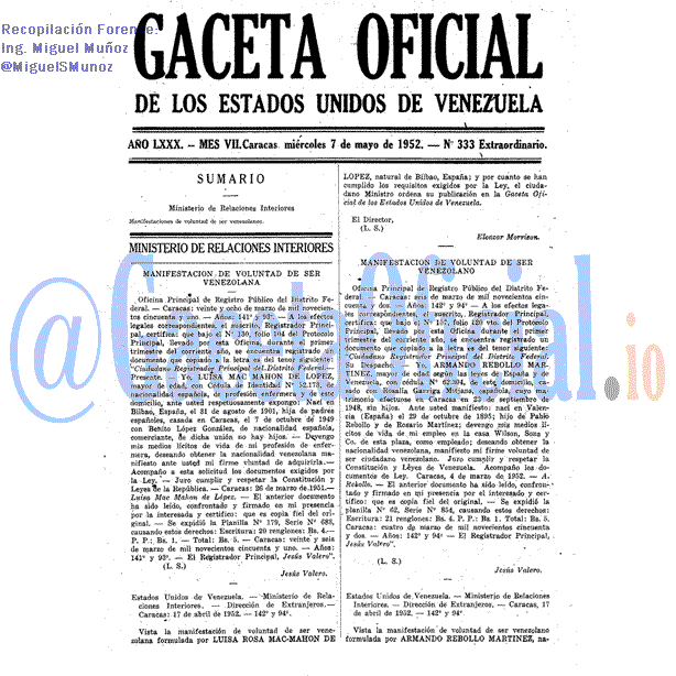 Gaceta Oficial 333 del 7 Mayo 1952