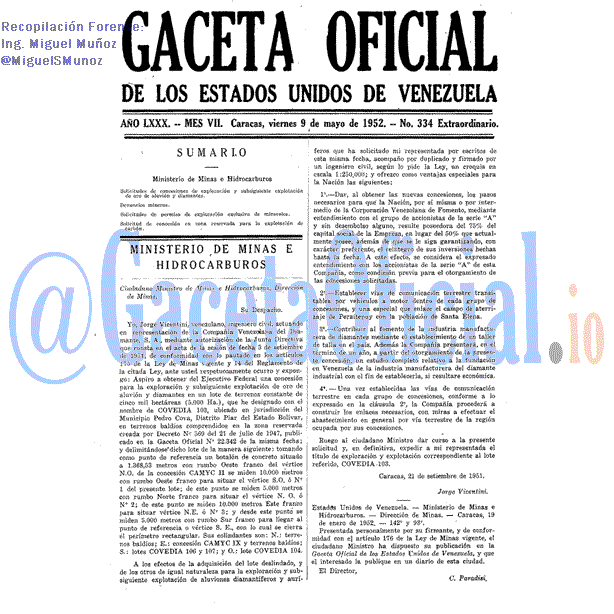 Gaceta Oficial 334 del 9 Mayo 1952
