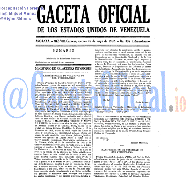 Gaceta Oficial 337 del 16 Mayo 1952