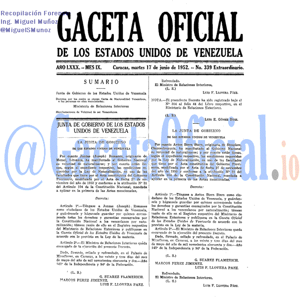 Gaceta Oficial 339 del 17 Junio 1952