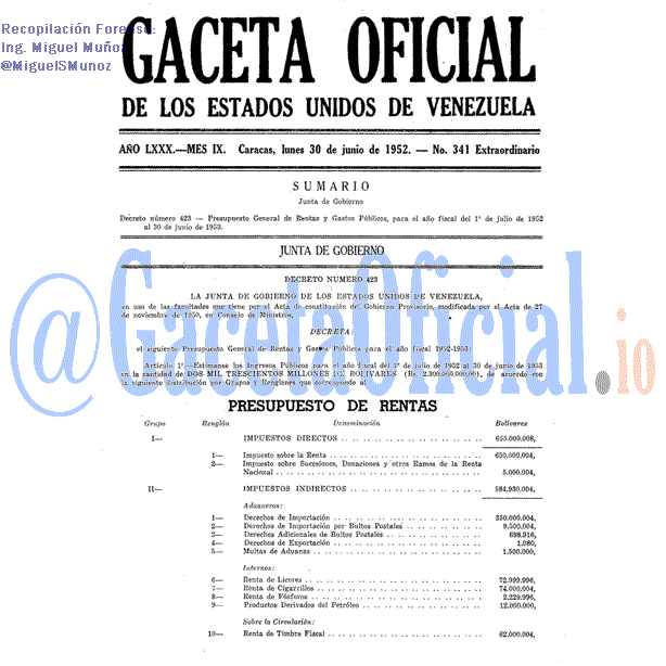 Gaceta Oficial 341 del 30 Junio 1952