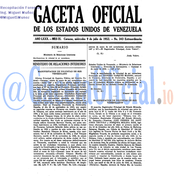 Gaceta Oficial 343 del 9 Julio 1952