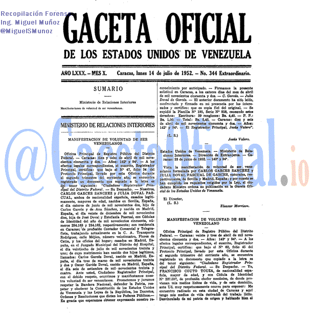 Gaceta Oficial 344 del 14 Julio 1952