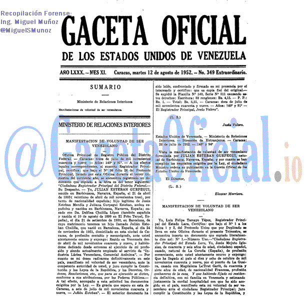 Gaceta Oficial 349 del 12 Agosto 1952