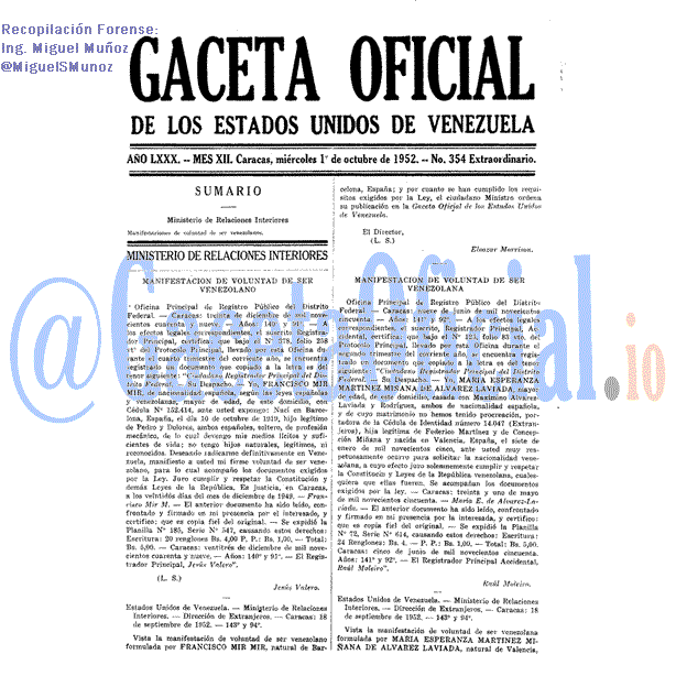 Gaceta Oficial 354 del 1 Octubre 1952