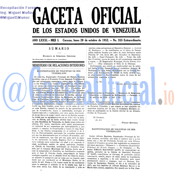 Gaceta Oficial 355 del 20 Octubre 1952