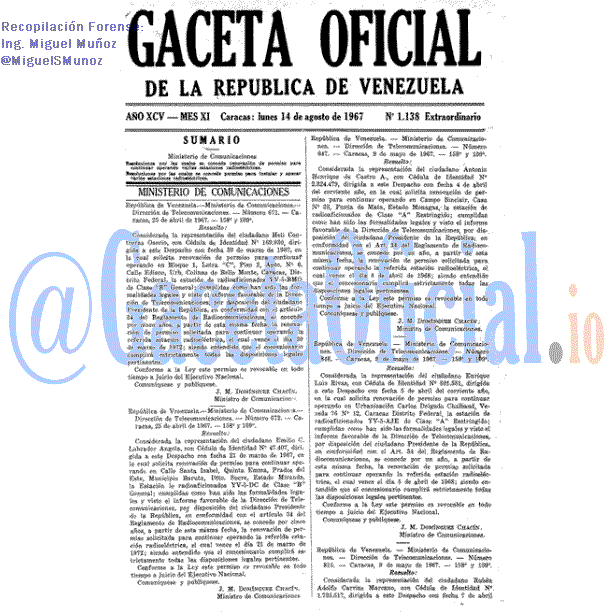 Gaceta Oficial 1138 del 14 Agosto 1967