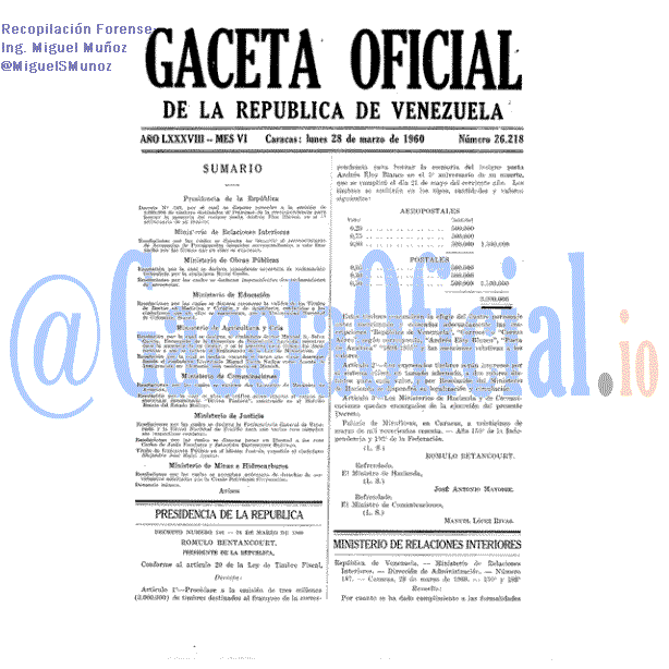 Gaceta Oficial 26218 del 28 Marzo 1960