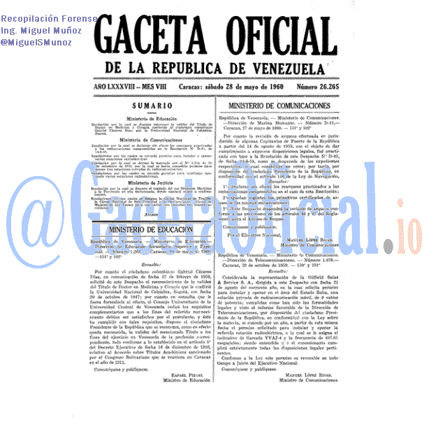 Gaceta Oficial 26265 del 28 Mayo 1960