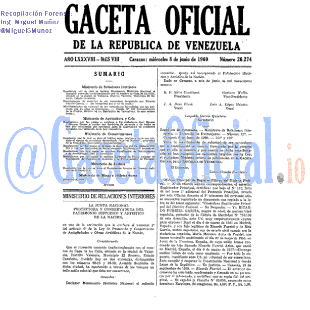 Gaceta Oficial 26274 del 8 Junio 1960