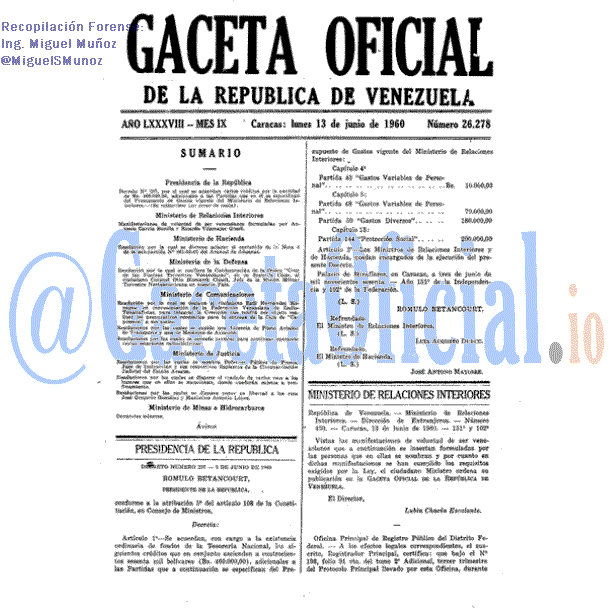 Gaceta Oficial 26278 del 13 Junio 1960