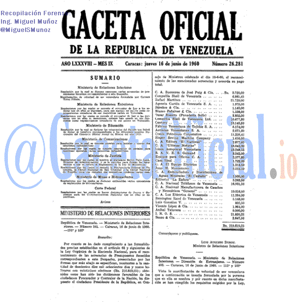 Gaceta Oficial 26281 del 16 Junio 1960