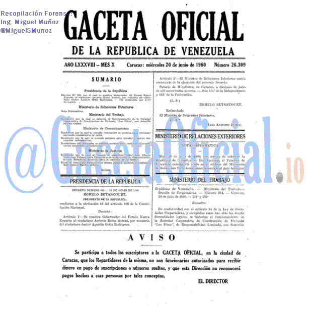 Gaceta Oficial 26309 del 20 Julio 1960