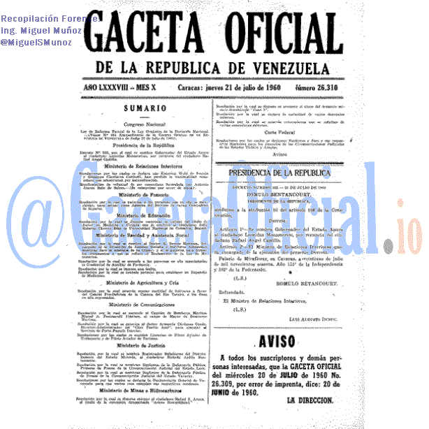 Gaceta Oficial 26310 del 21 Julio 1960