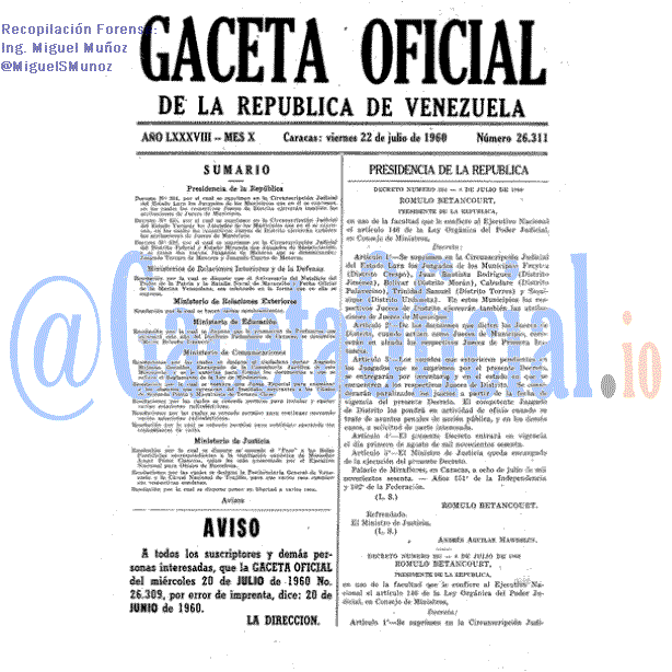 Gaceta Oficial 26311 del 22 Julio 1960