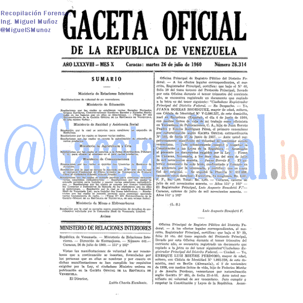 Gaceta Oficial 26314 del 26 Julio 1960