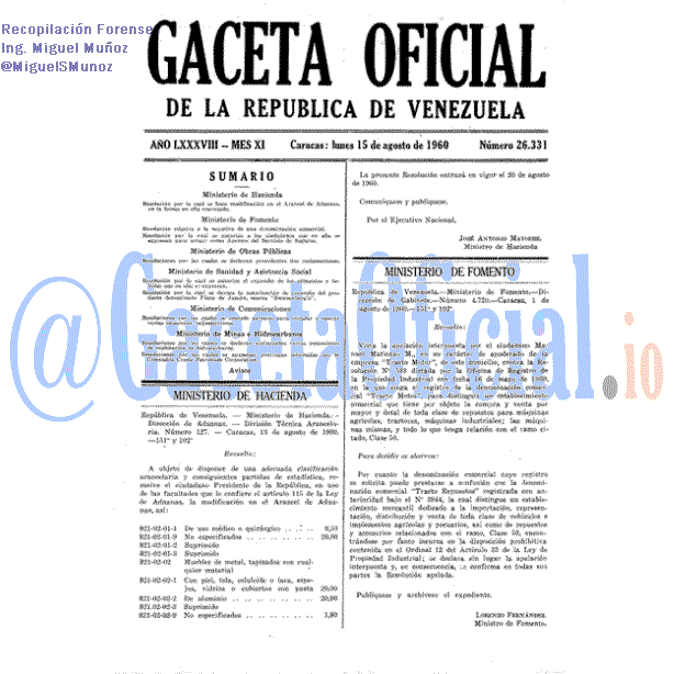 Gaceta Oficial 26331 del 15 Agosto 1960