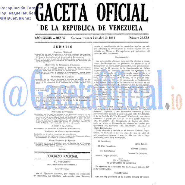 Gaceta Oficial 26522 del 7 Abril 1961
