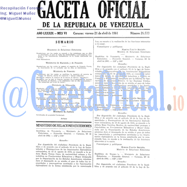 Gaceta Oficial 26533 del 21 Abril 1961