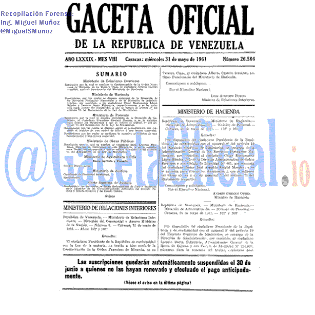 Gaceta Oficial 26566 del 31 Mayo 1961
