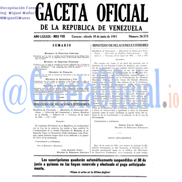 Gaceta Oficial 26575 del 10 Junio 1961