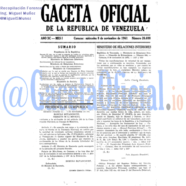 Gaceta Oficial 26698 del 8 Noviembre 1961