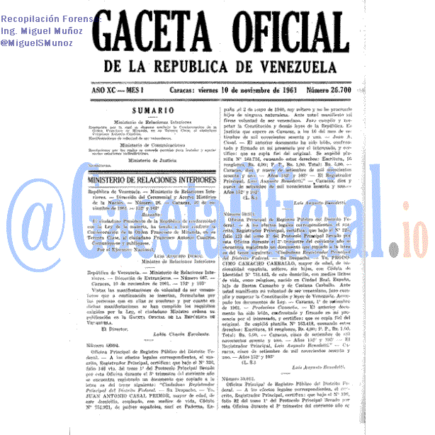 Gaceta Oficial 26700 del 10 Noviembre 1961