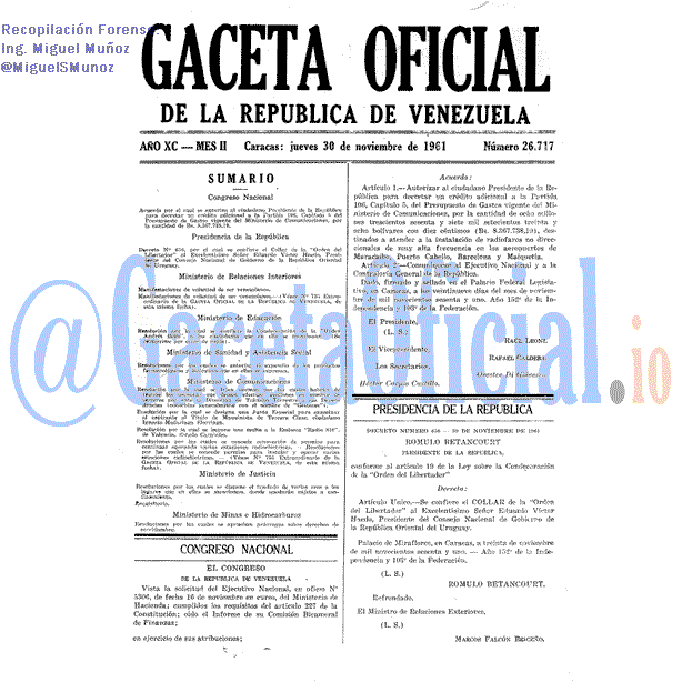 Gaceta Oficial 26717 del 30 Noviembre 1961