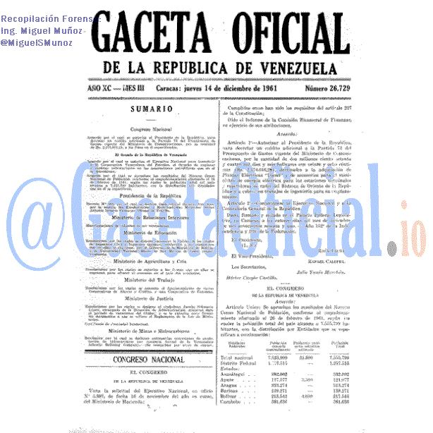 Gaceta Oficial 26729 del 14 Diciembre 1961