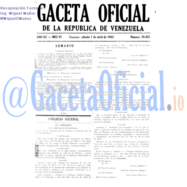 Gaceta Oficial 26821 del 7 Abril 1962