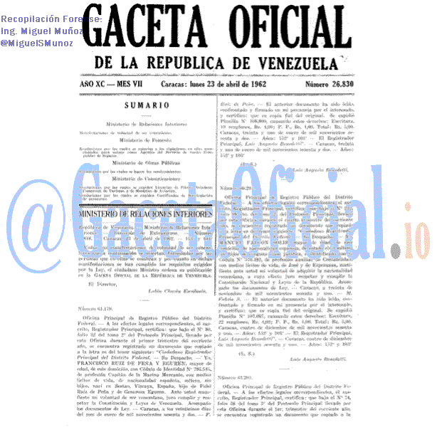 Gaceta Oficial 26830 del 23 Abril 1962