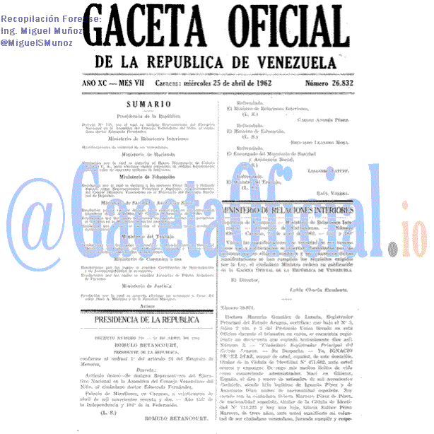 Gaceta Oficial 26832 del 25 Abril 1962