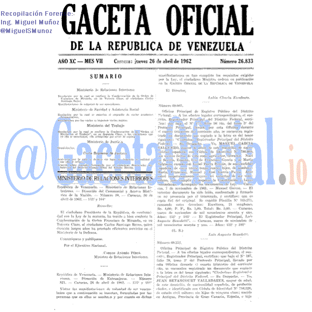 Gaceta Oficial 26833 del 26 Abril 1962